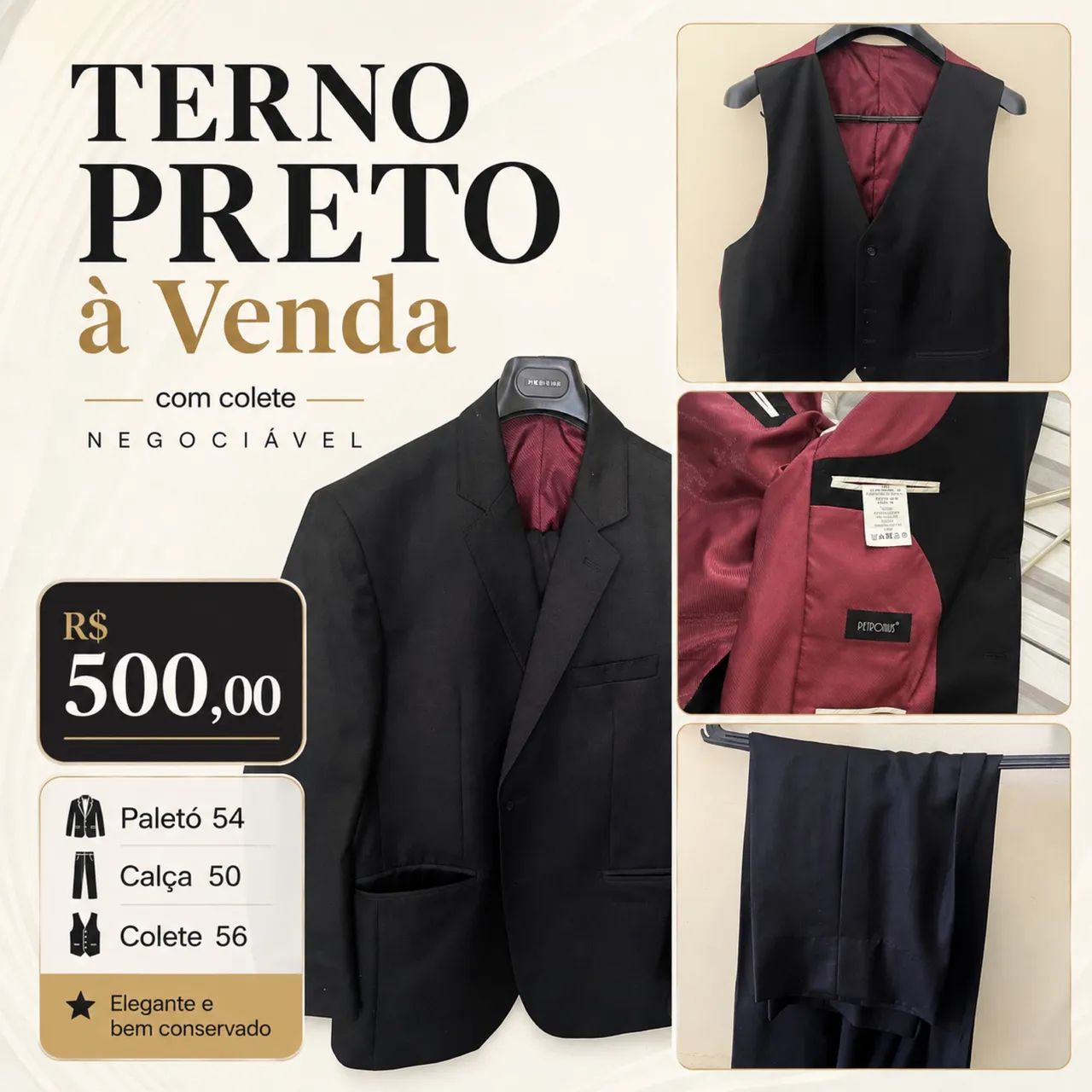 Terno Preto com colete e calça 