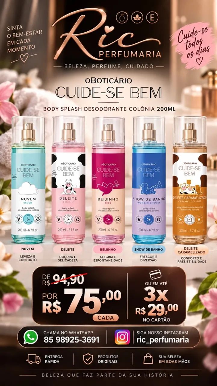 Body Splash Obticaro Cuidese Bem - Nuvem, Show de Banho e Deleit - Foto 2