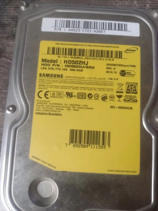 HD SAMSUNG 500GB FUNCIONANDO PERFEITAMENTE SAUDÁVEL 