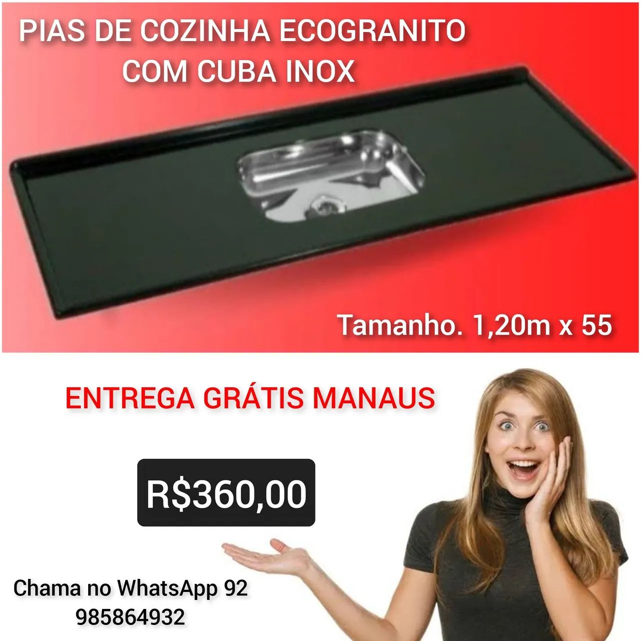 Pia de Cozinha Ecogranito com  Cuba Inox - Entrega Grátis Manaus
