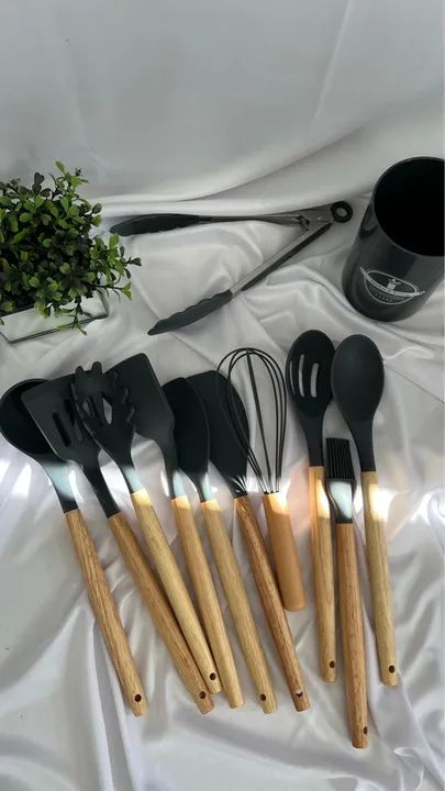 Conjunto Completo de Utensílios para Cozinha em Silicone Cinza - Foto 2