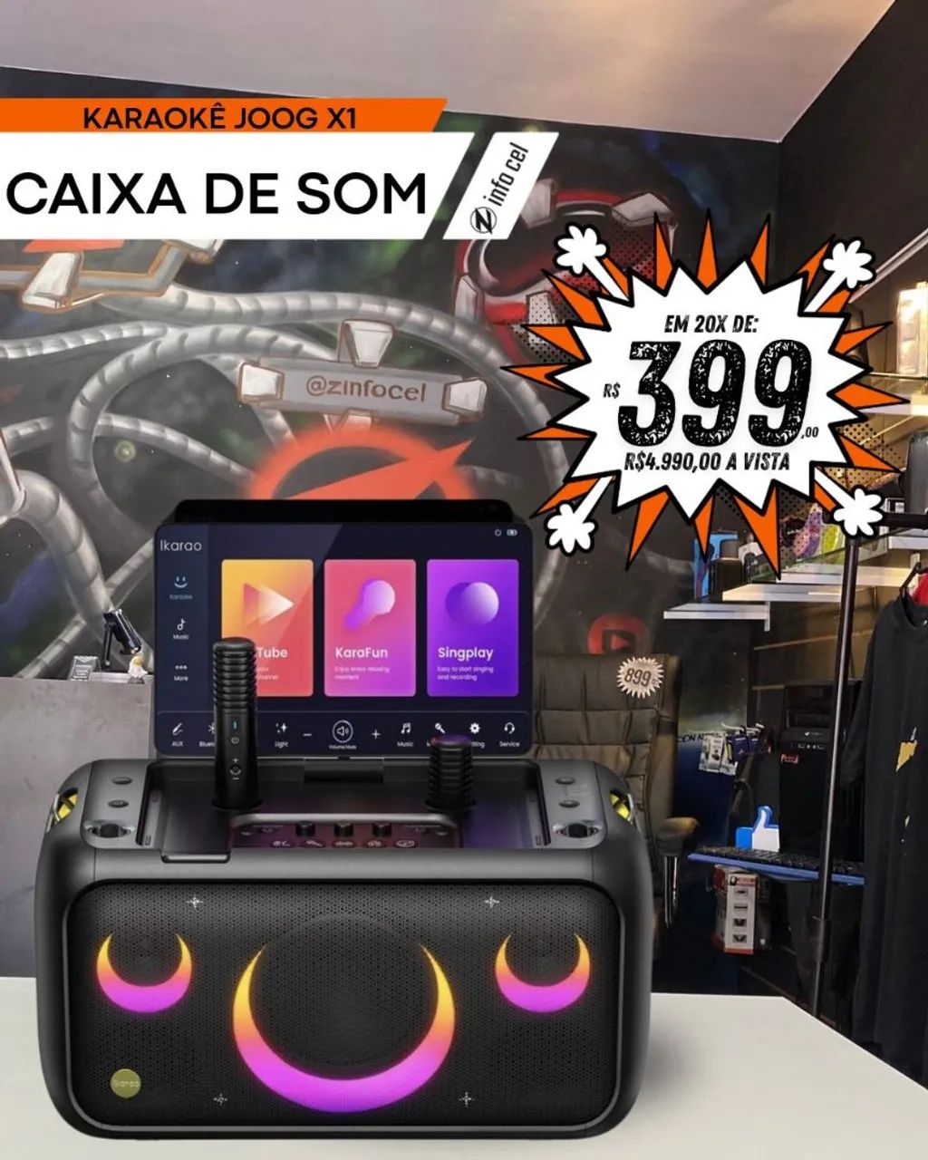 Caixa de Som Karaoke Joog X1 - 2 Microfones - Bluetooth - Tela Touchscreen - Som Potente