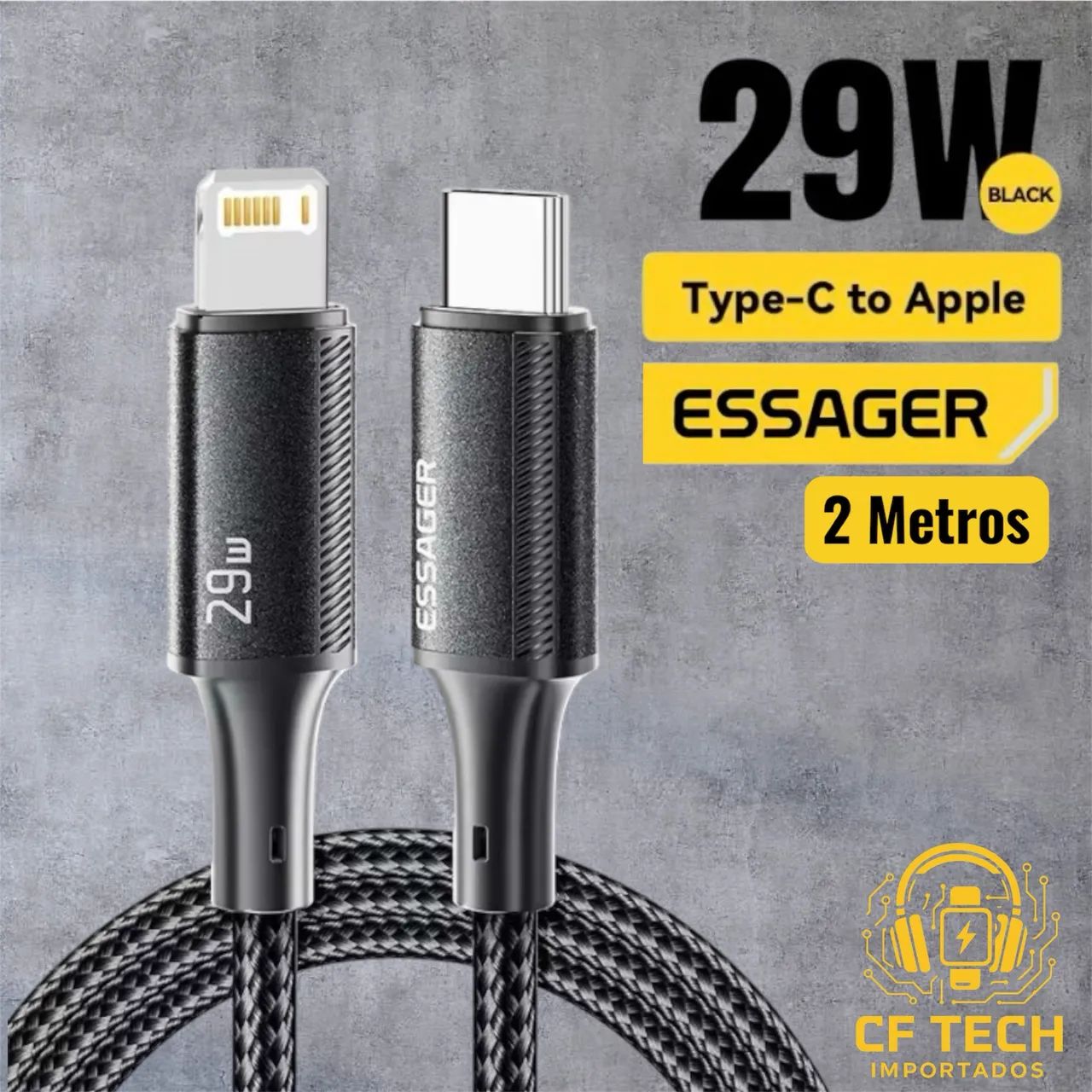 Cabo Essager 29W PD Tipo-C para iPhone, 2 Metros de Pura Potência!
