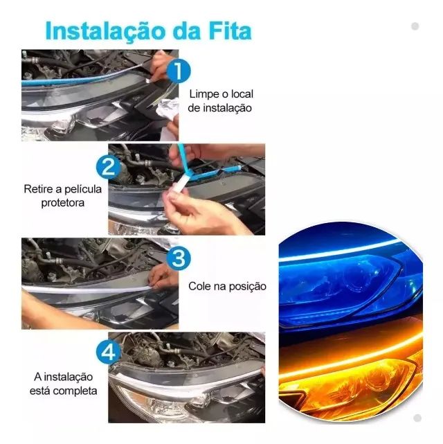 Par Fita LED 30cm Farol DRL Azul Efeito Start + Seta Âmbar Sequencial - Foto 5