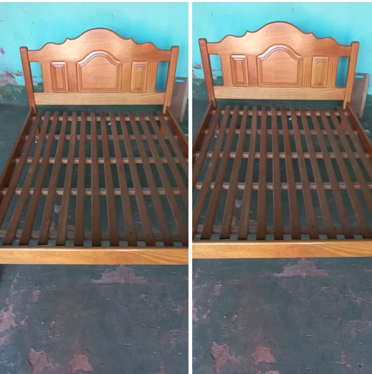 Cama de madeira maciça de casal recém reformado