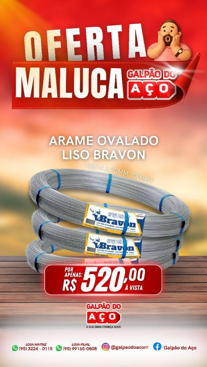 Arame Ovalado Liso Bravon 16x14 2,70mm 1000MT - Oferta Maluca