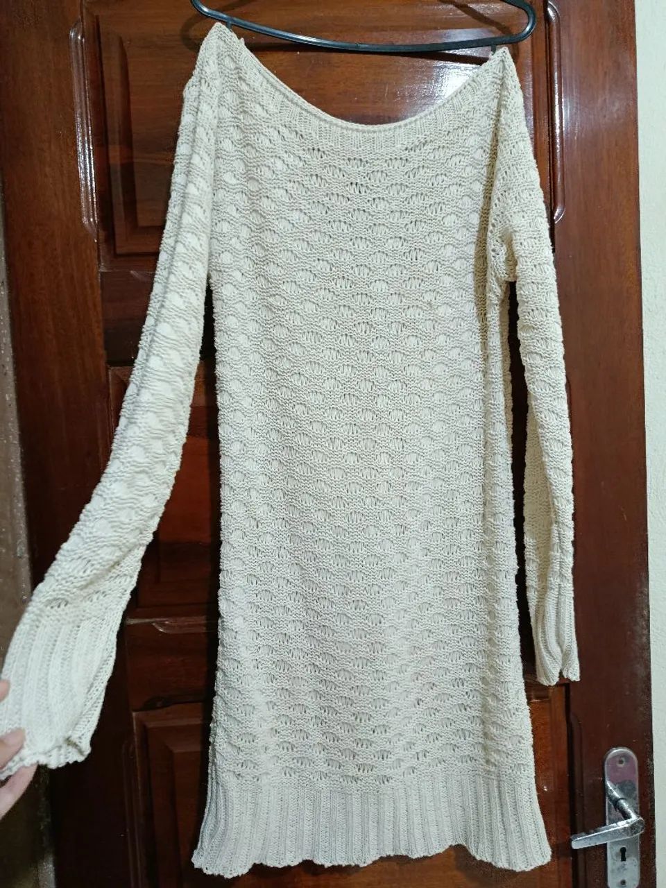 Vestido Tricot Manga Longa Bege