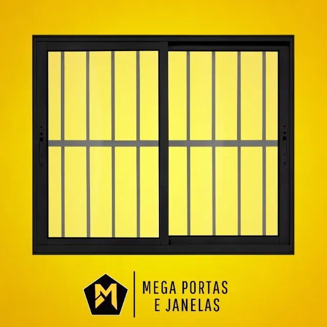 Janela Duas Folhas Móveis de Alumínio Preto Linha 25 (Com Grade)