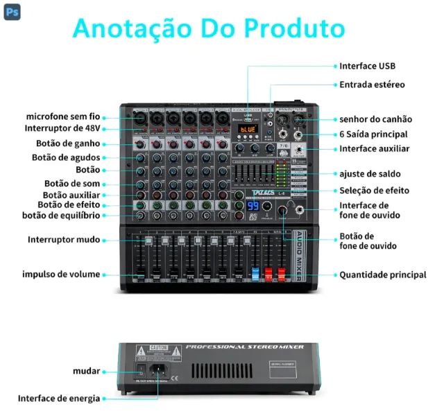 Mesa de Som Profissional L-8 8 Canais, Bluetooth, USB para PC, 48V Phantom e 99 Efeitos T - Foto 4