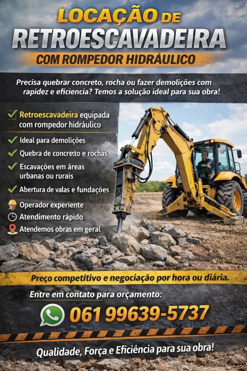 Locação de retroescavadeira com rompedor hidráulico 