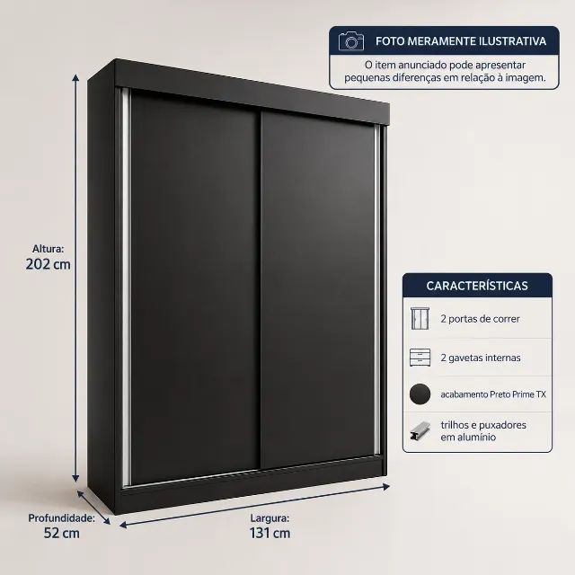 Roupeiro preto com portas de correr, gavetas e ótimo espaço interno