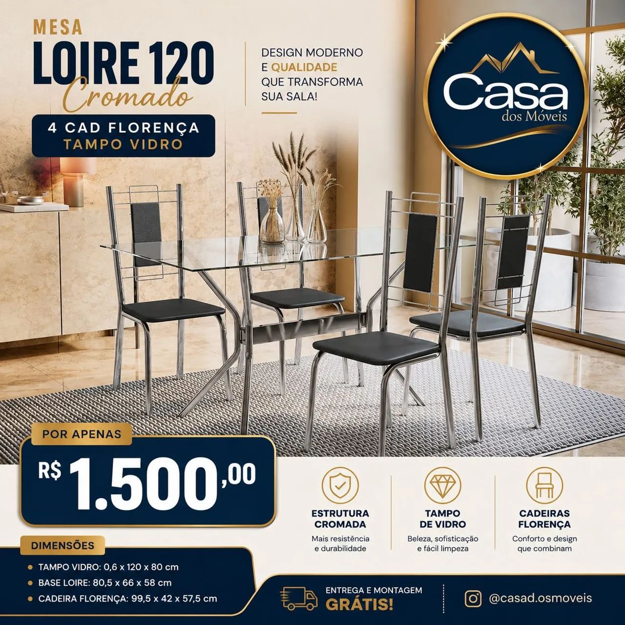 Mesa loire 1.20m cromado 