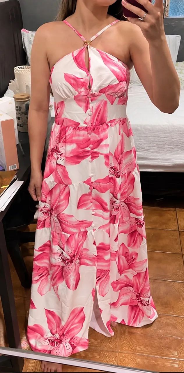 Vestido Longo Floral Rosa e Branco - Amarração no Pescoço