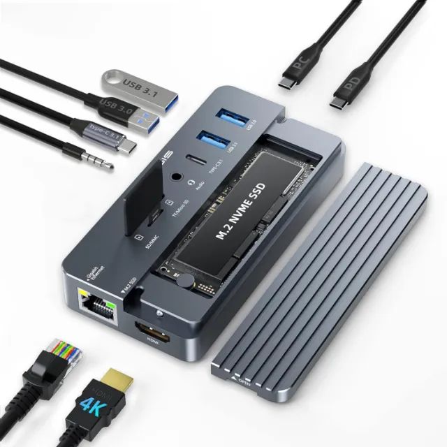 Hub Dock Station 10 Em 1 Usb-c 10gbps Com entrada para Ssd M.2 compatível Mac Mini Macbook