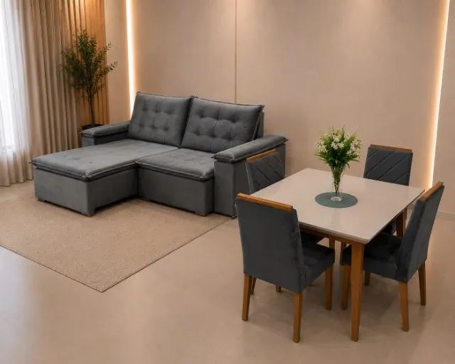KIT SALA SOFÁ + MESA COM 4 CADEIRAS (NOVO)