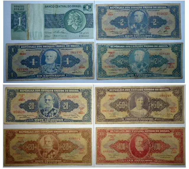 Lote Com 8 Notas Cédulas Cruzeiros Diversos Valores + R$ 15 Envio por Registrado