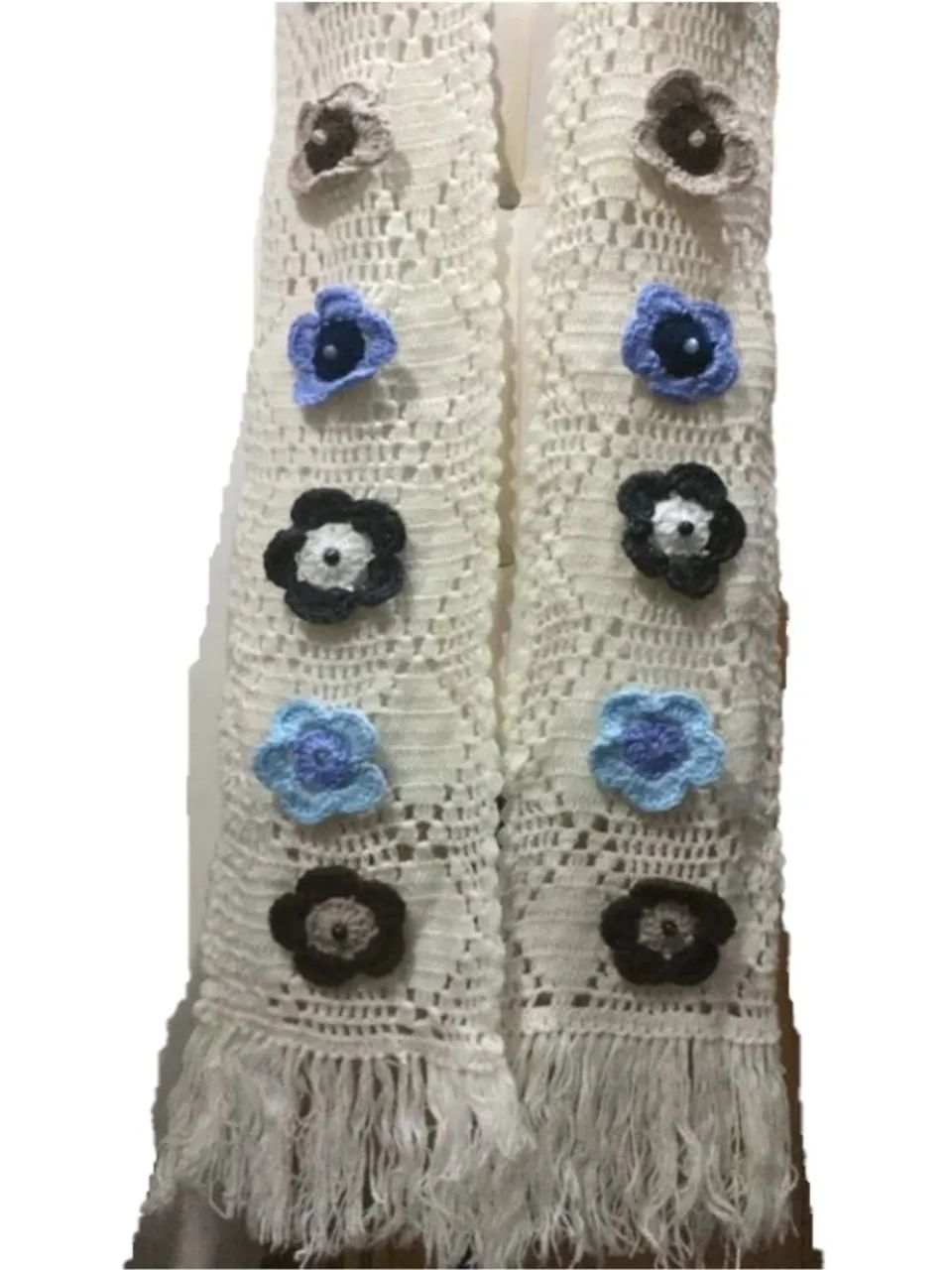 Cachecol De Crochê Branco Off-white Com Flores 2,25 X 16 Cm - Foto 5