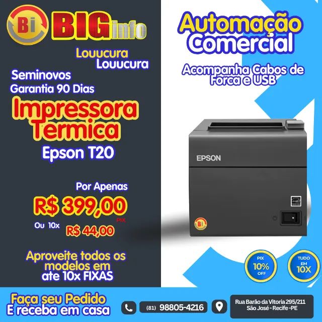Impressora Termica Epson t20 - Em ate 10x Fixas 