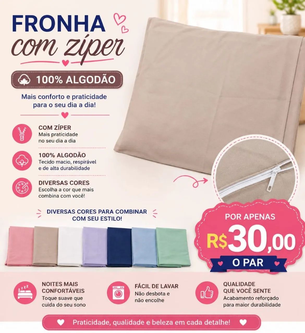Par de Fronha 100% algodão com ziper