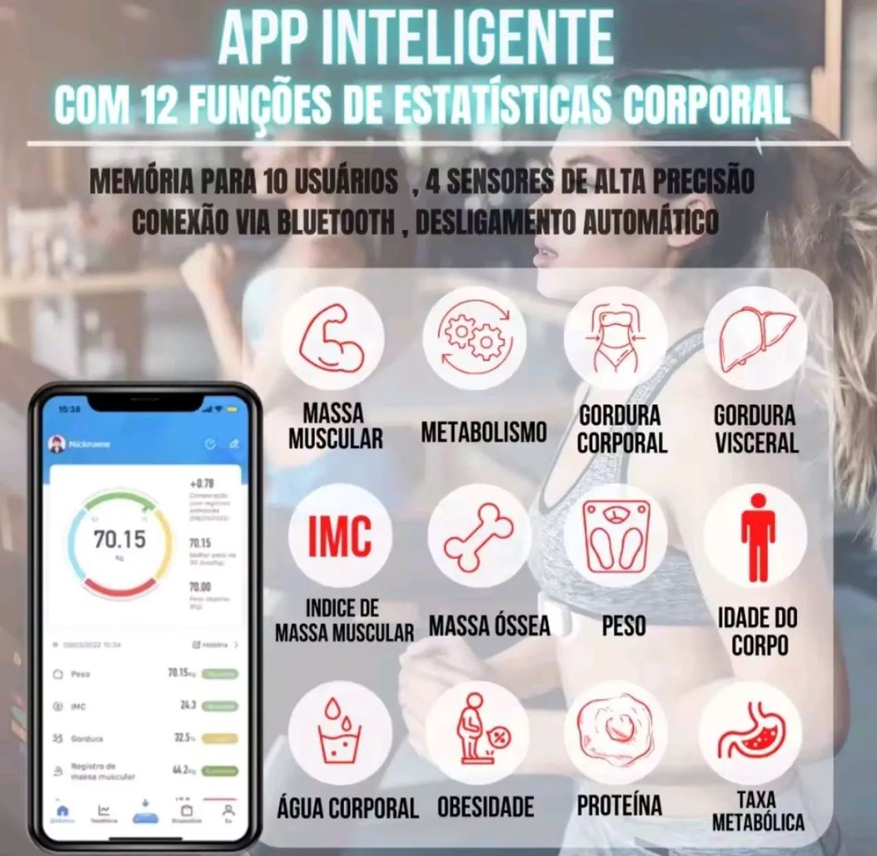 Balança corporal Bioimpedância digital 180kg com aplicativo integrado - Foto 2