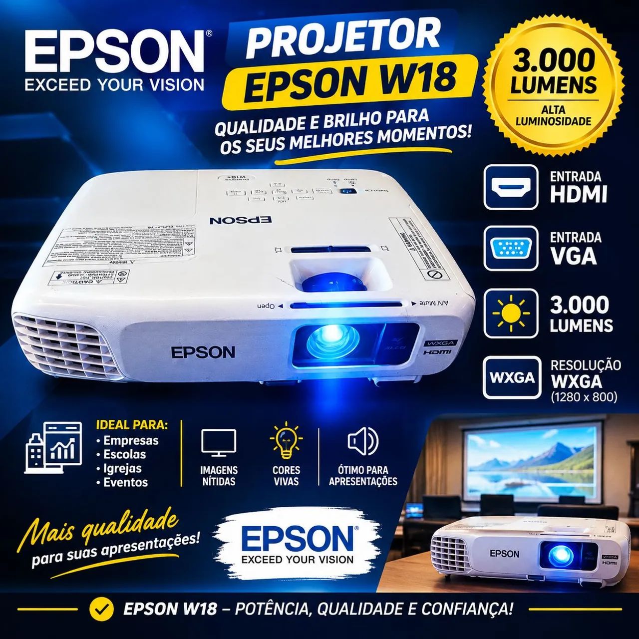 Projetor Epson Power lite W18 3000 lumens 