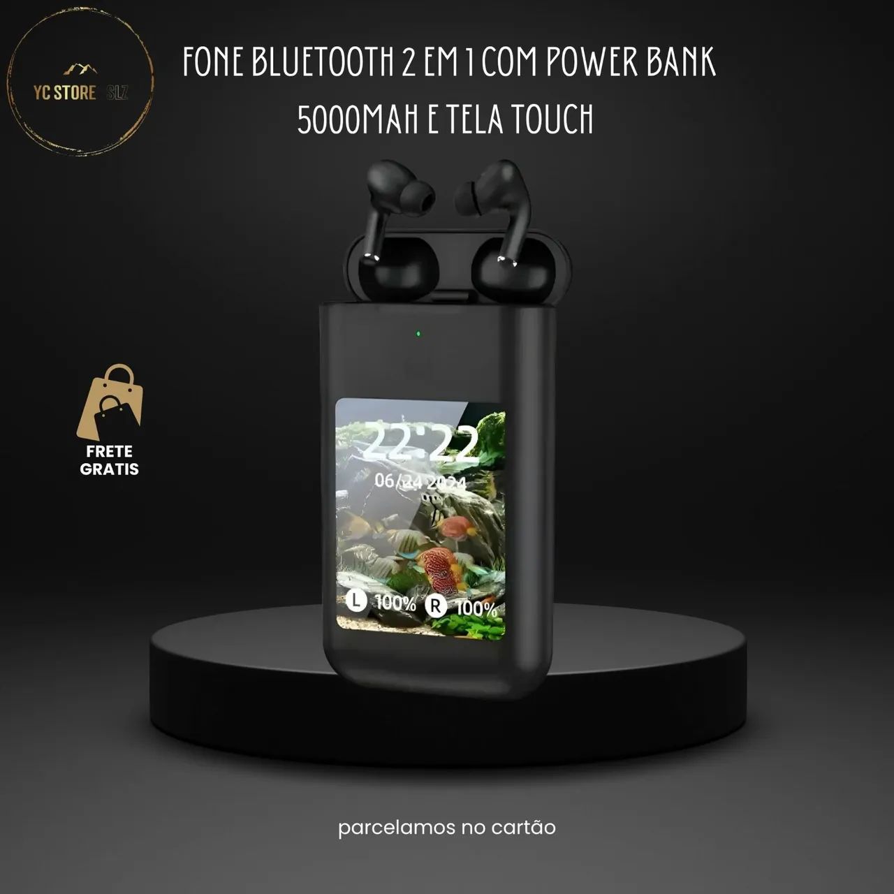 Fone Bluetooth TWS 2 em 1 com Power Bank 5000mAh e Tela Touch | ANC + ENC 