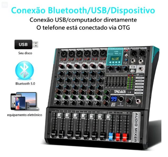 Mesa de Som Profissional L-8 8 Canais, Bluetooth, USB para PC, 48V Phantom e 99 Efeitos T - Foto 3
