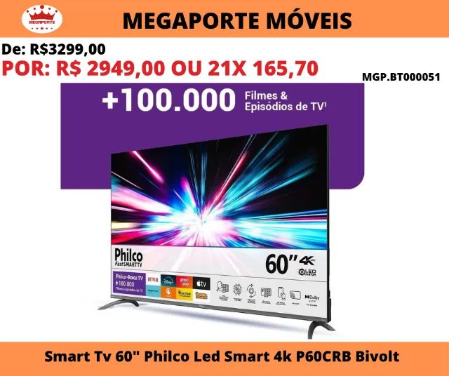 Smart Tv Philco 60 Polegadas 4K Roku Tv P60CRB Bivolt