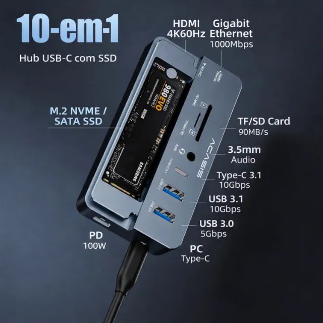 Hub Dock Station 10 Em 1 Usb-c 10gbps Com entrada para Ssd M.2 compatível Mac Mini Macbook - Foto 2