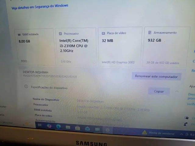 Notebook Samsung I3 2310M Memória 8GB HD Sata 1TB Tela LED de 14 Polegadas - Foto 5