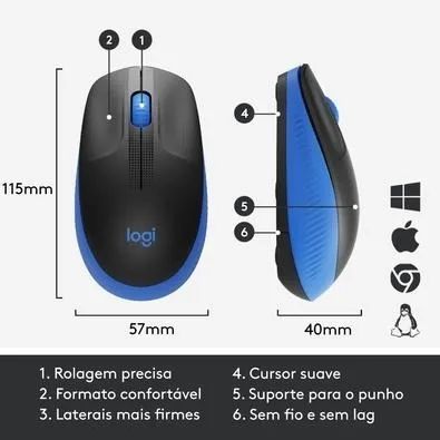 Mouse Sem Fio M190 Usb 1000 Dpi Preto/Azul - Logitech - Foto 5