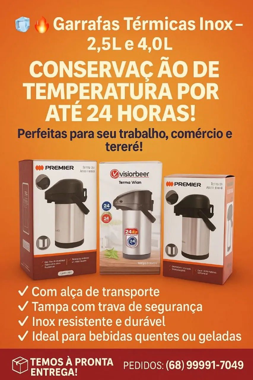 Garrafas Térmicas Inox 2,5L e 4,0L - Conservação 24h