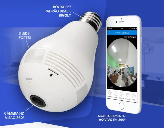 Lâmpada Câmera Led Wifi Ip HD Panorâmica 360º Espião Celular
