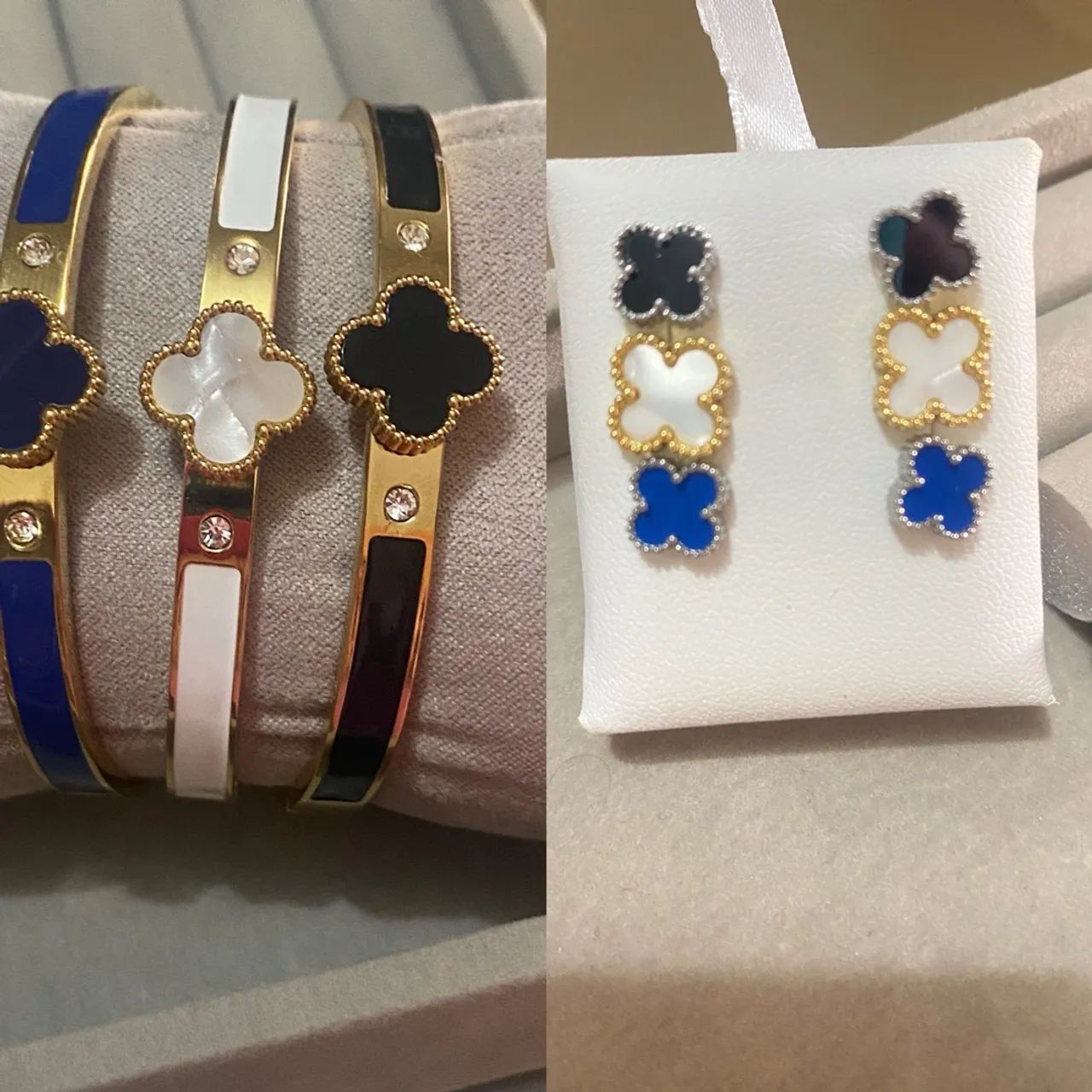 Brinco trevo e bracelete de aço 