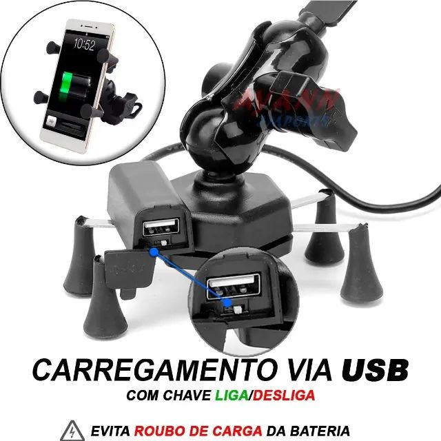Suporte Celular Moto Com Carregador Universal Usb Garra e Botão Liga Desliga - Foto 4