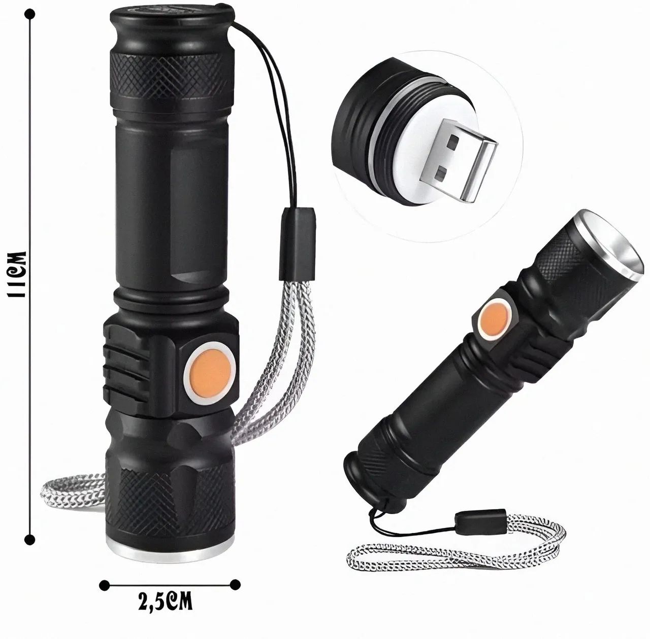  Lanterna Tática LED Recarregável USB - 11cm