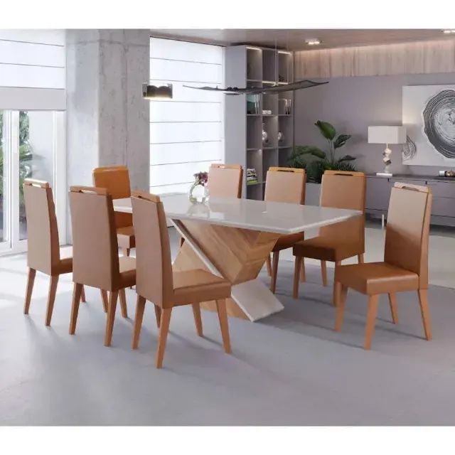 Mesa de Jantar com Tampo de Vidro e 8 Cadeiras no Marrom