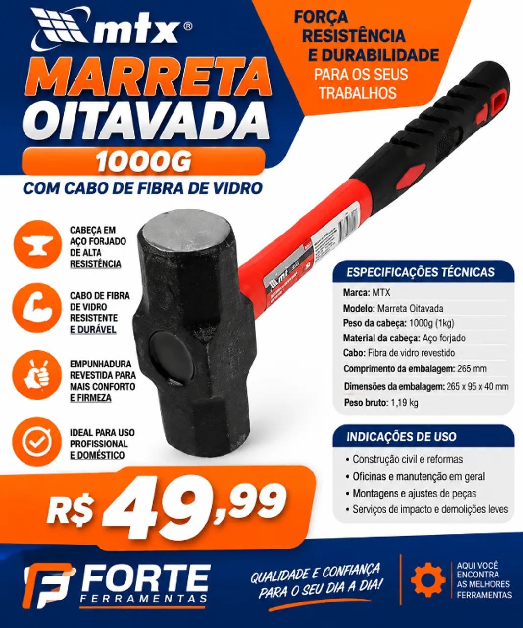 Marreta Oitava 1000gr Cabo Fibra Emborrachado Mtx