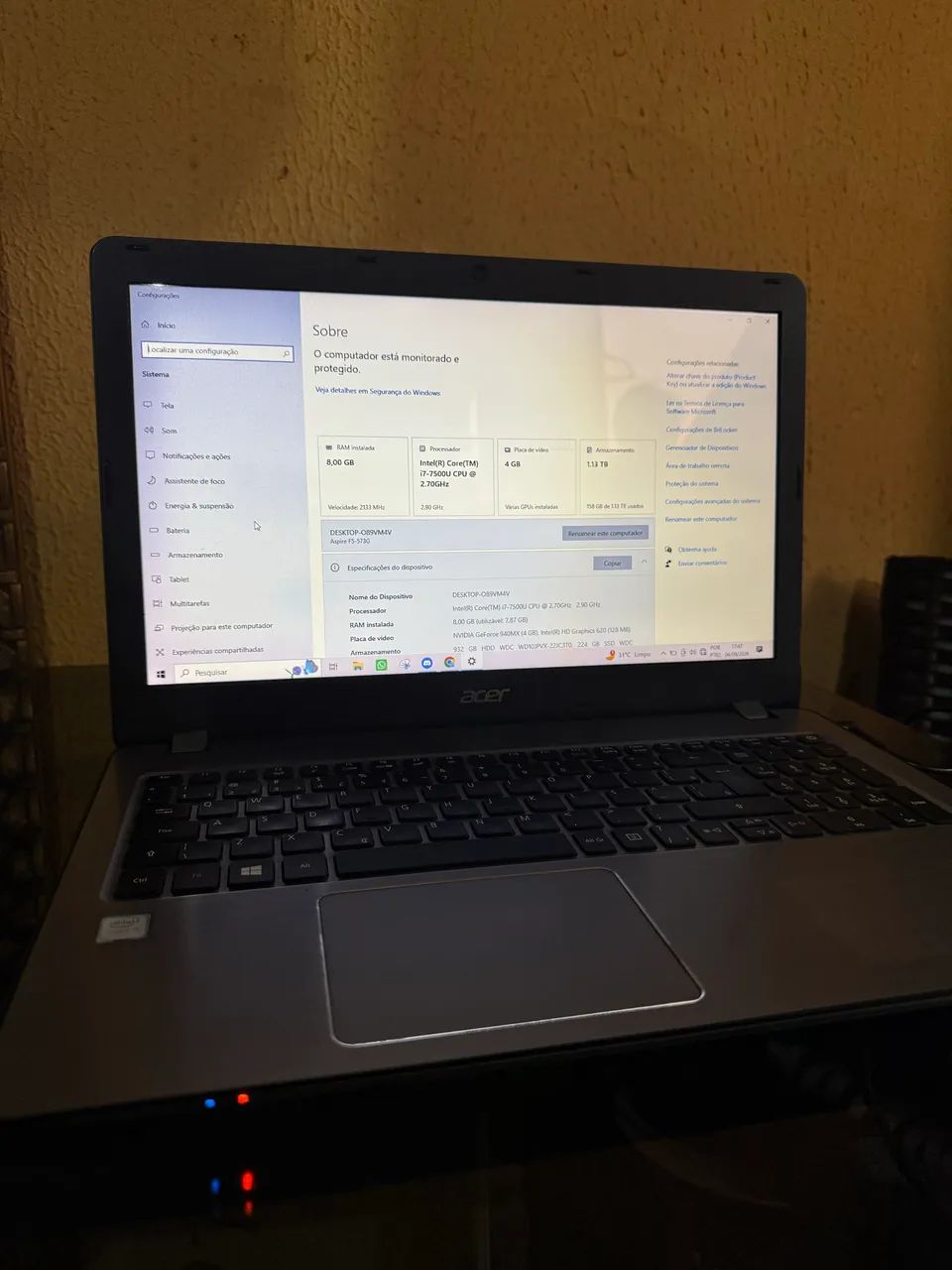 Notebook Acer Intel Core i7 + 8GB RAM + SSD + Placa NVIDIA 4GB (Rápido e Conservado) - Foto 5