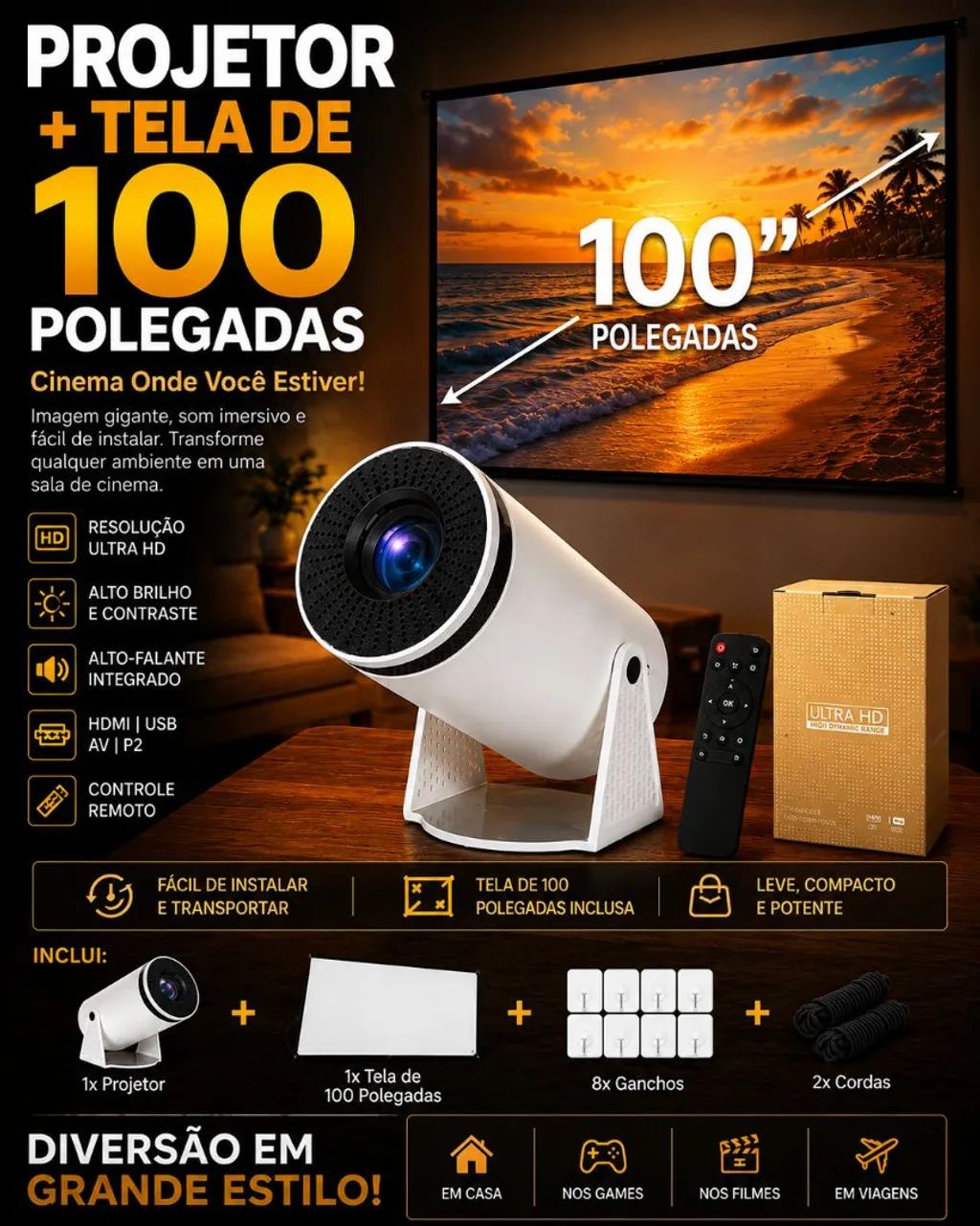 Projetor + Tela de 100 polegadas 