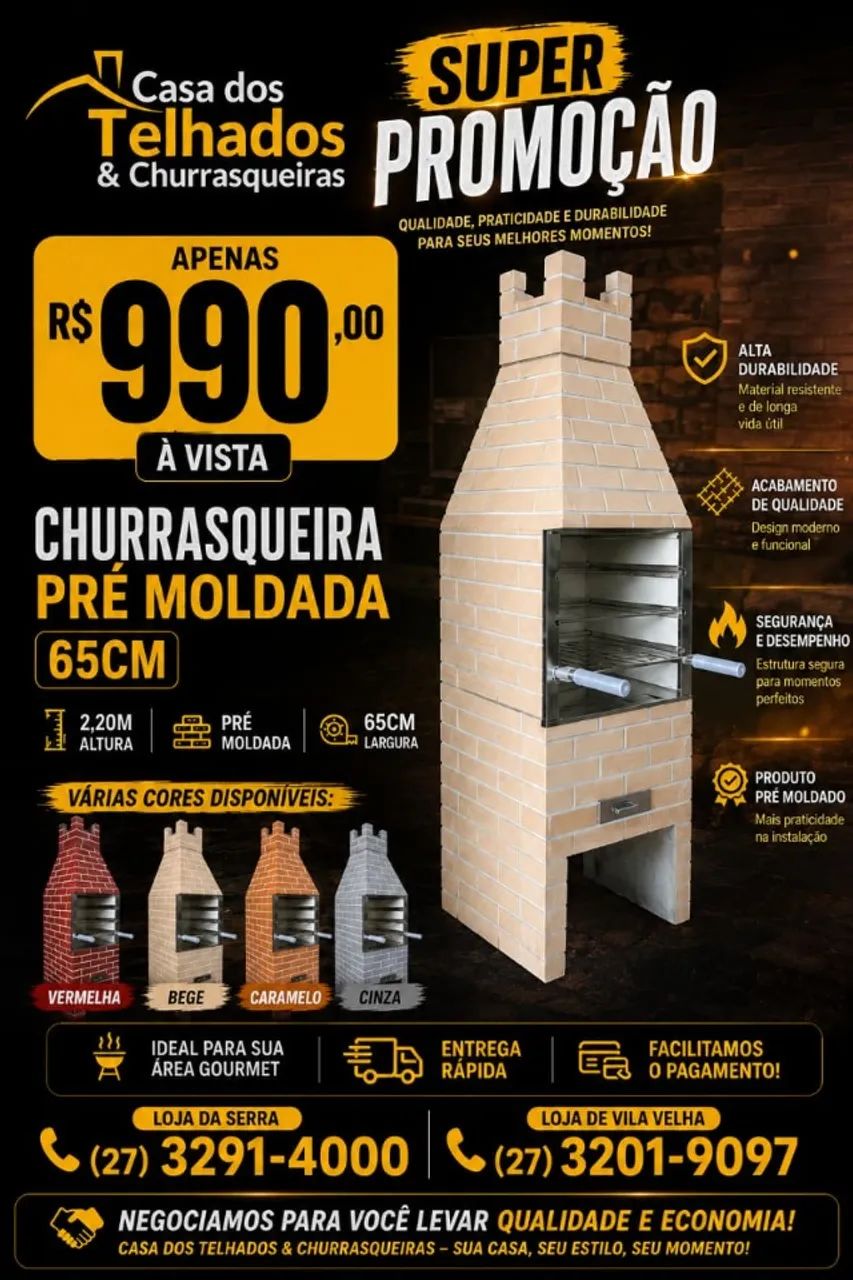 CHURRASQUEIRA PRE MOLDADA 65CM 2,20 ALT VÁRIAS CORES