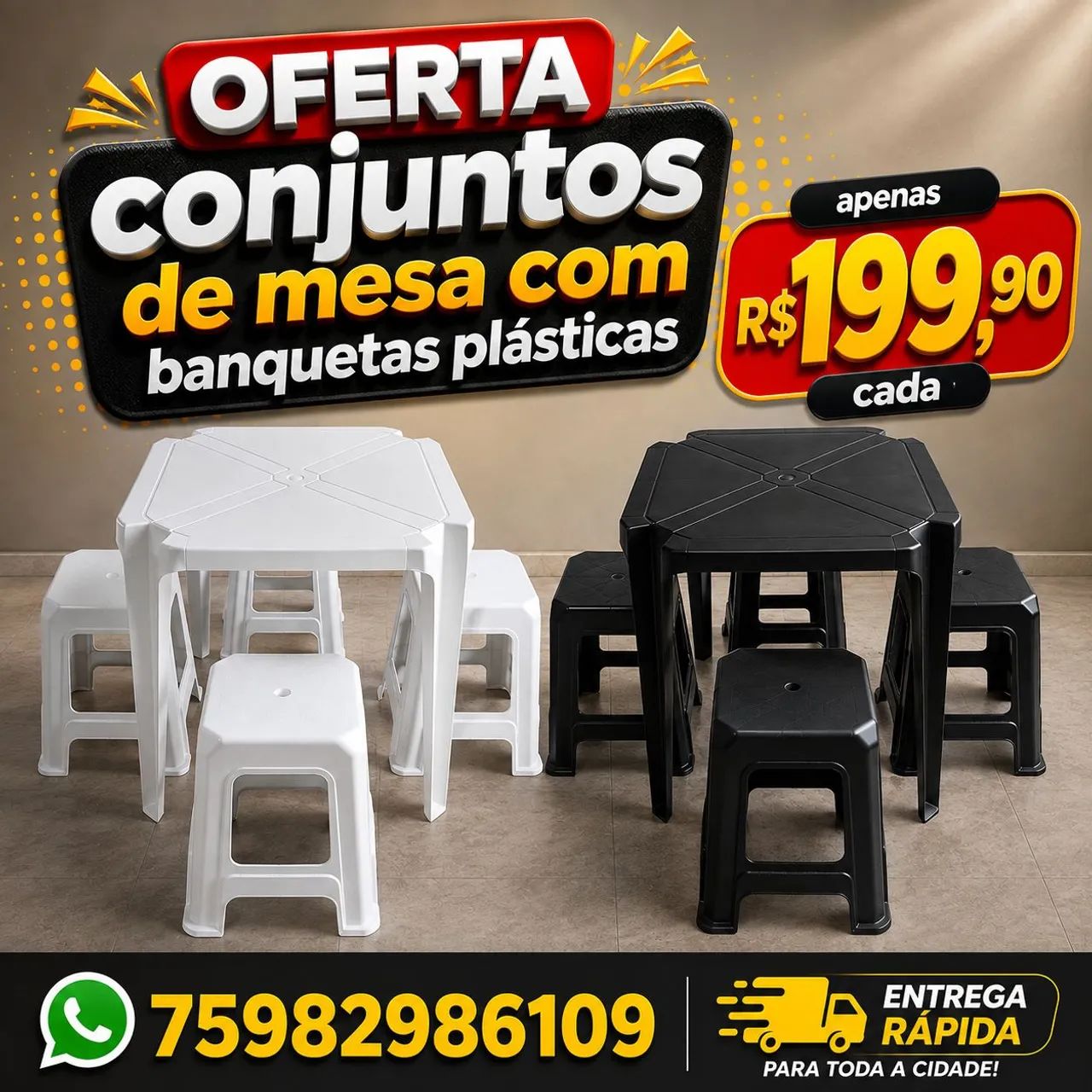 Conjuntos de mesas e banquetas plásticas - Oferta 