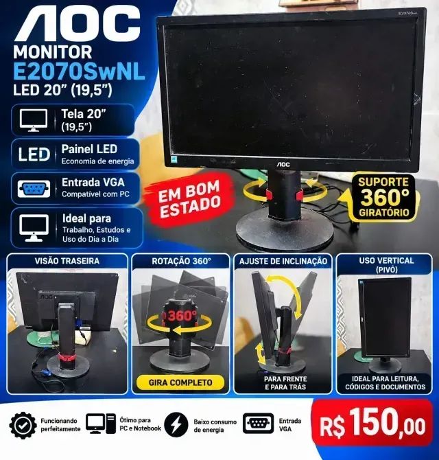 Monitor AOC E2070SWNL LED 20" - R$ 150