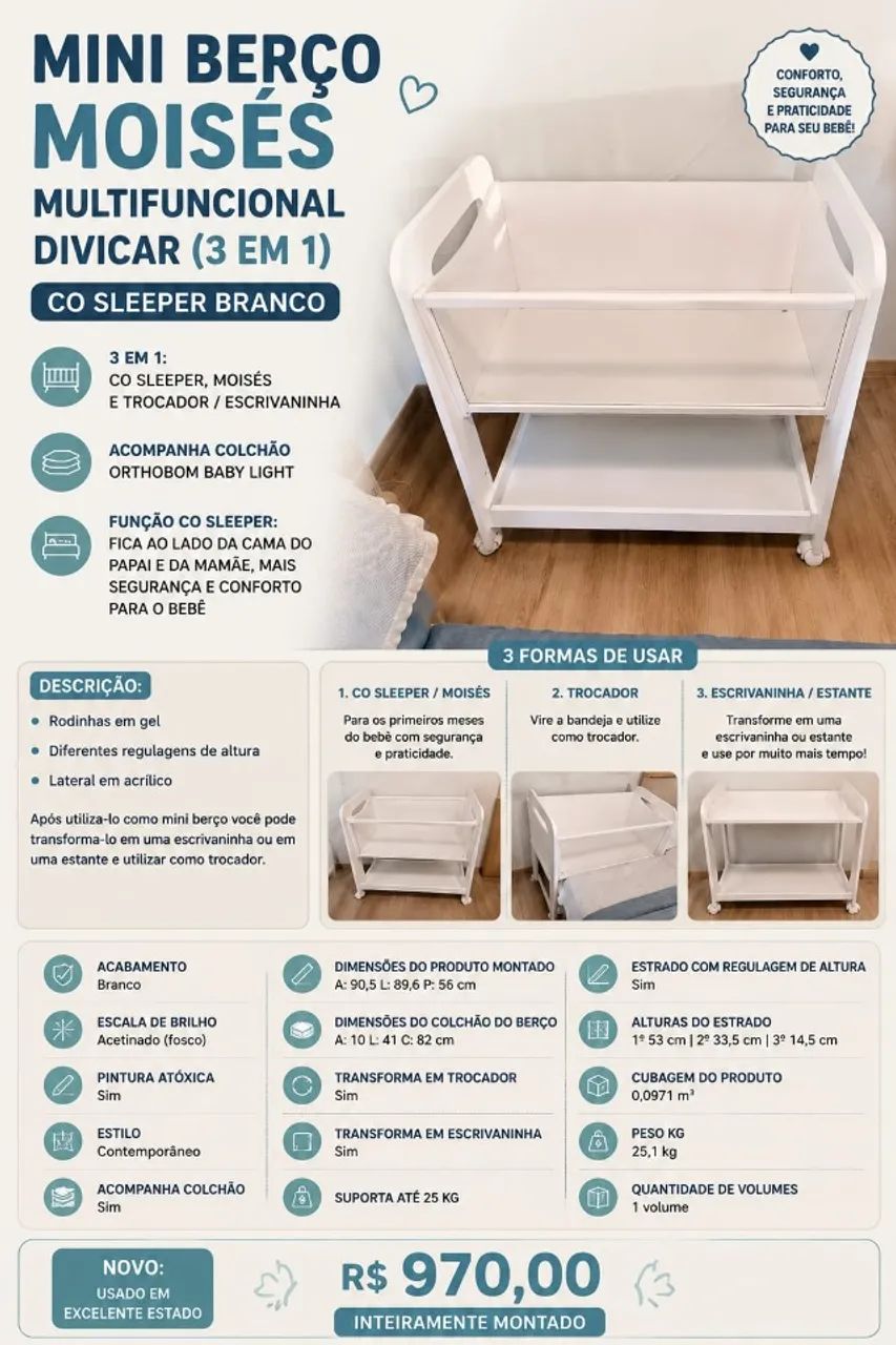 Mini Berço Moisés Multifuncional (3 em 1)