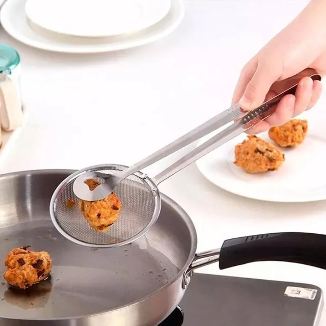 Utensílio Pegador Pinça Peneira Inox Para Grelhados Frituras