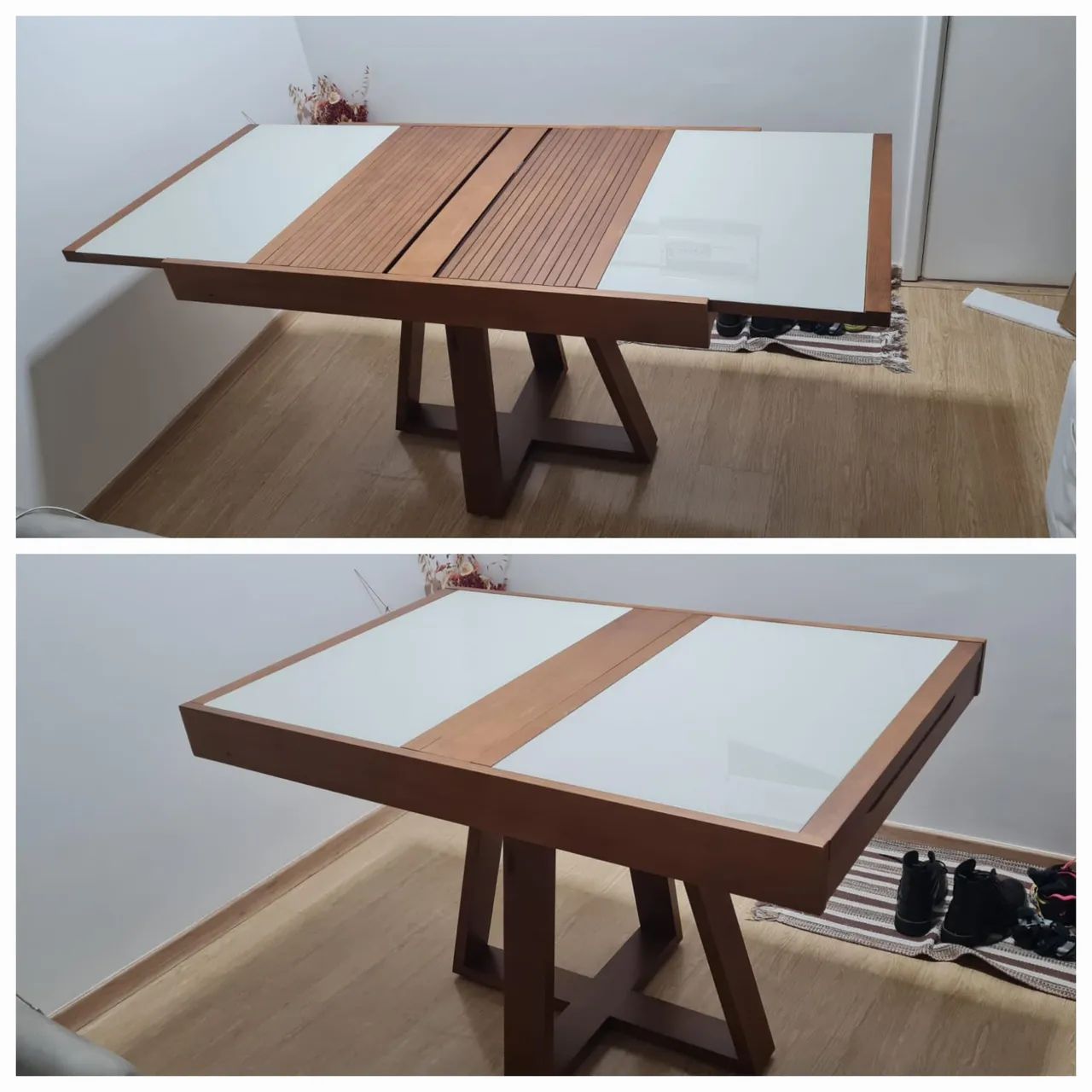 Mesa de Jantar Extensível Retangular com Tampo de Vidro