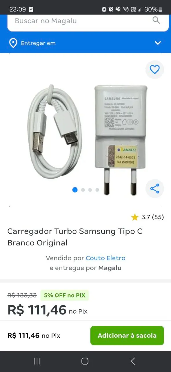 Carregador Turbo Samsung Tipo C Branco Original