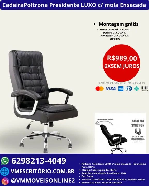 Cadeira de escritório  Poltrona Presidente LUXO c/ mola Ensacada - Couríssimo