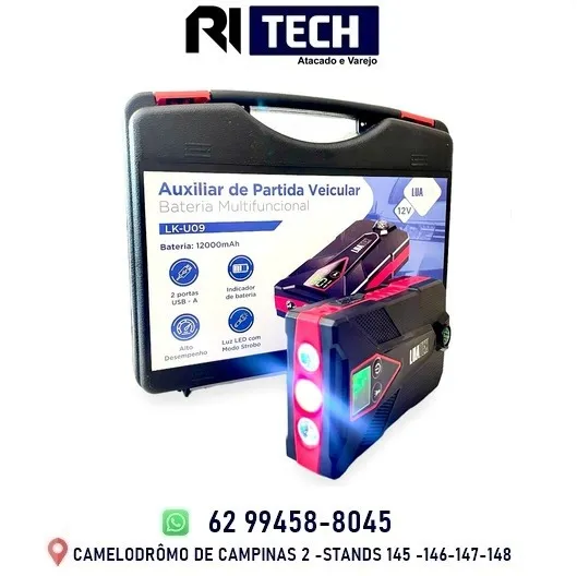 Auxiliar de Partida Veicular Portátil Carro Moto 12V Lanterna
