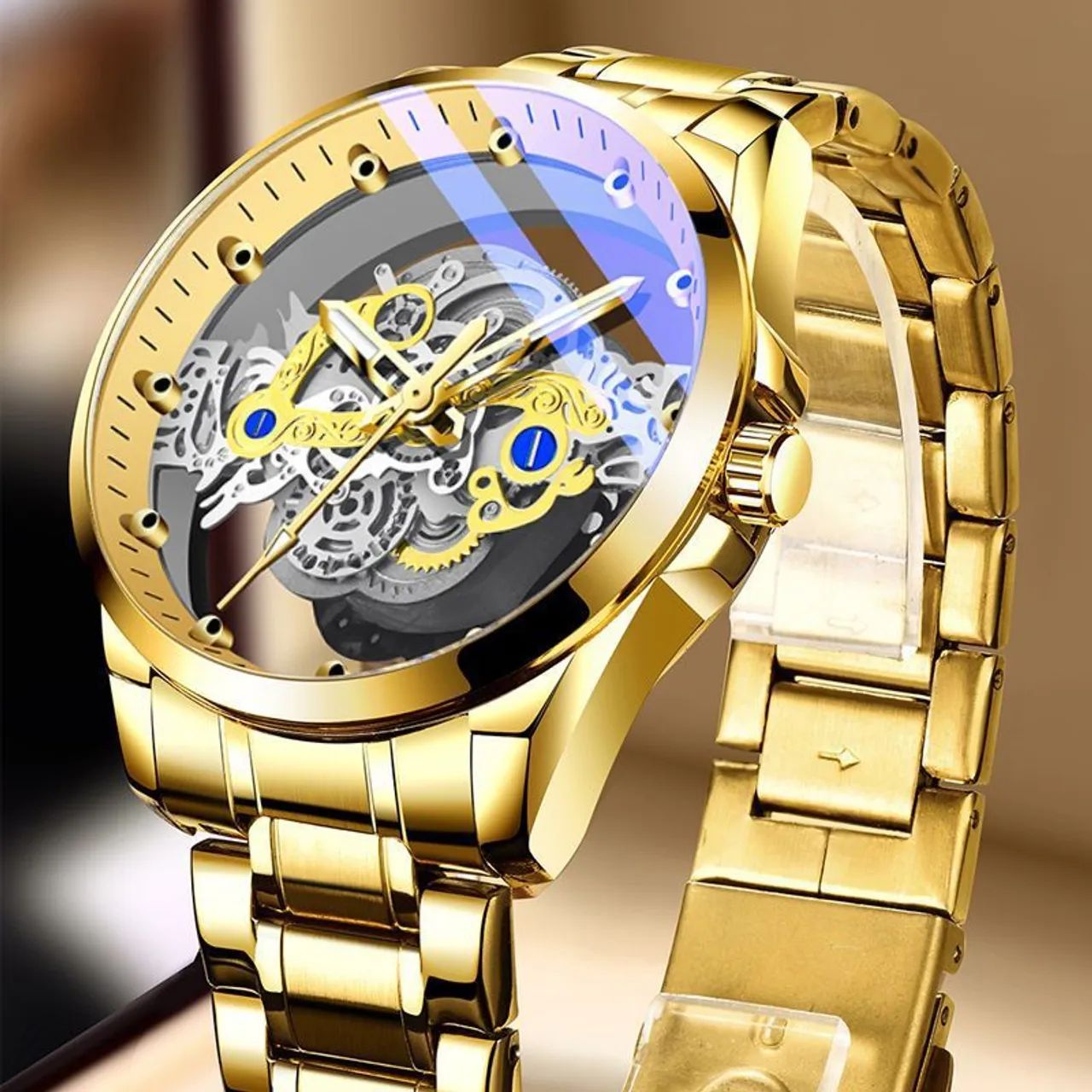 Relógio Masculino de Pulso Dourado com Design Mecânico - Foto 3